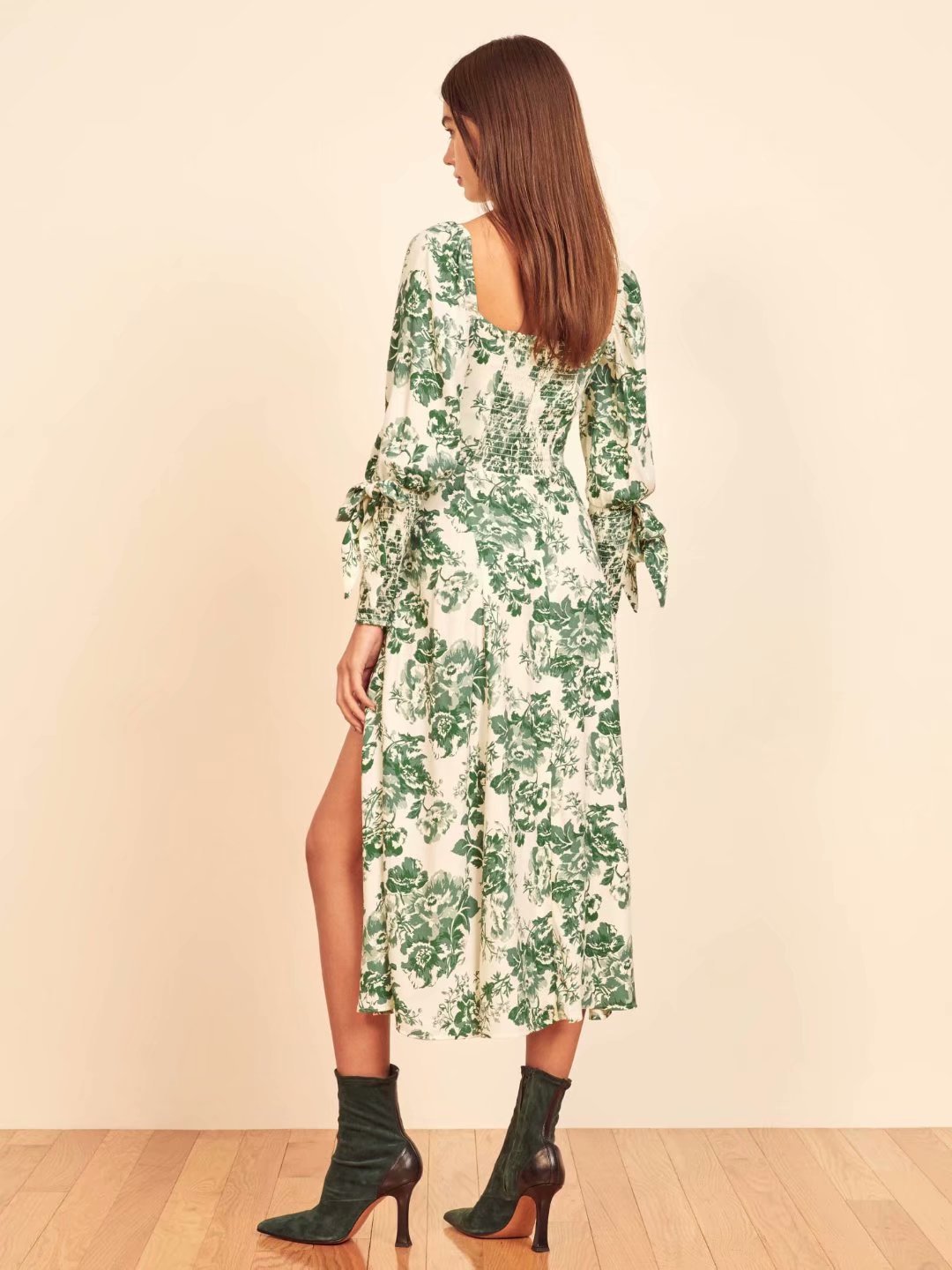 retro print long sleeve long dress  NSAM8245