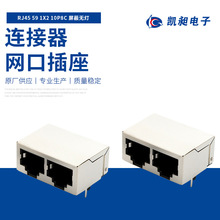 双网口插座RJ45 59 1X2 10P8C 屏蔽无灯RJ45直插网线连接器接口