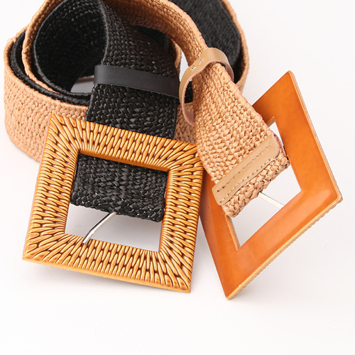 Women's imitation straw wide simple versatile round buckle belt Mori women's cotton and linen elastic woven elastic skirt decorative belt