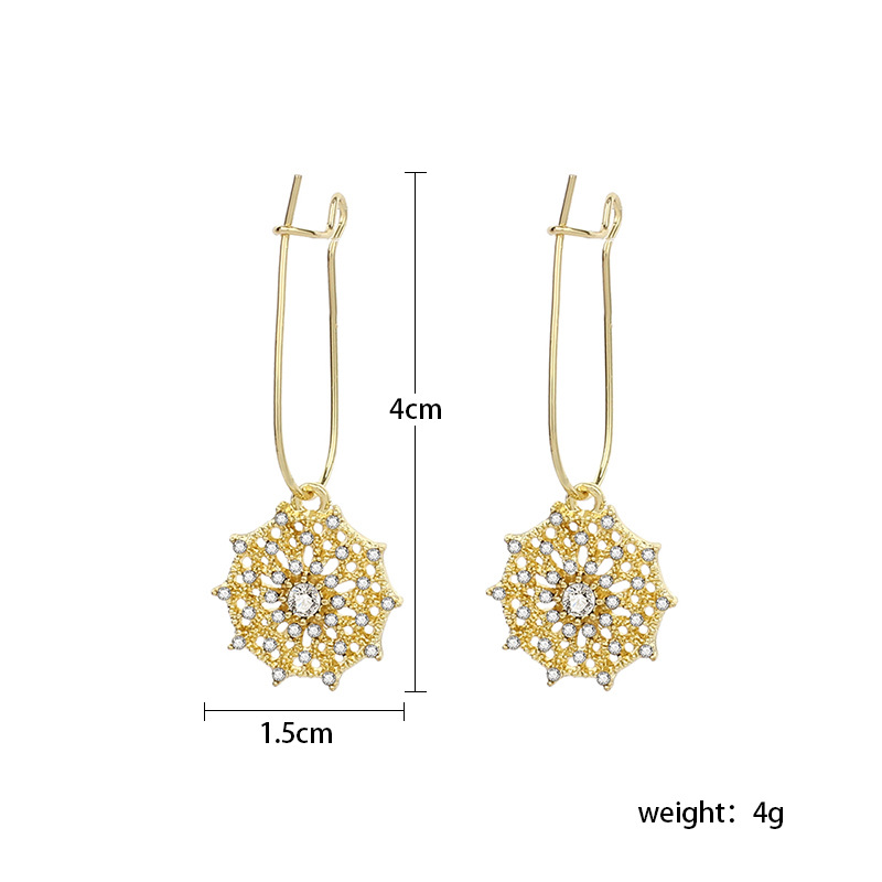 4g Weight Earrings Classification Housewarming, Anniversary, Business, Wedding, Travel, Birthday, Festival Occasion Alloy Material Geometric Pattern Women'S Gender Cartoon Style, Retro, Exaggerated, Novelty, Fashion, Ethnic Style, Simple Style, Streetwear Style Gold Color Korea Simple Zircon Retro Fashion Rhinestone Hollow Alloy Earrings Wholesale Nihaojewelry 无