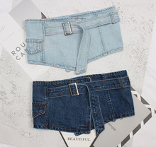 设计感水洗女人松紧一片街拍用休闲侧面牛仔腰封外搭裙子衬衣用