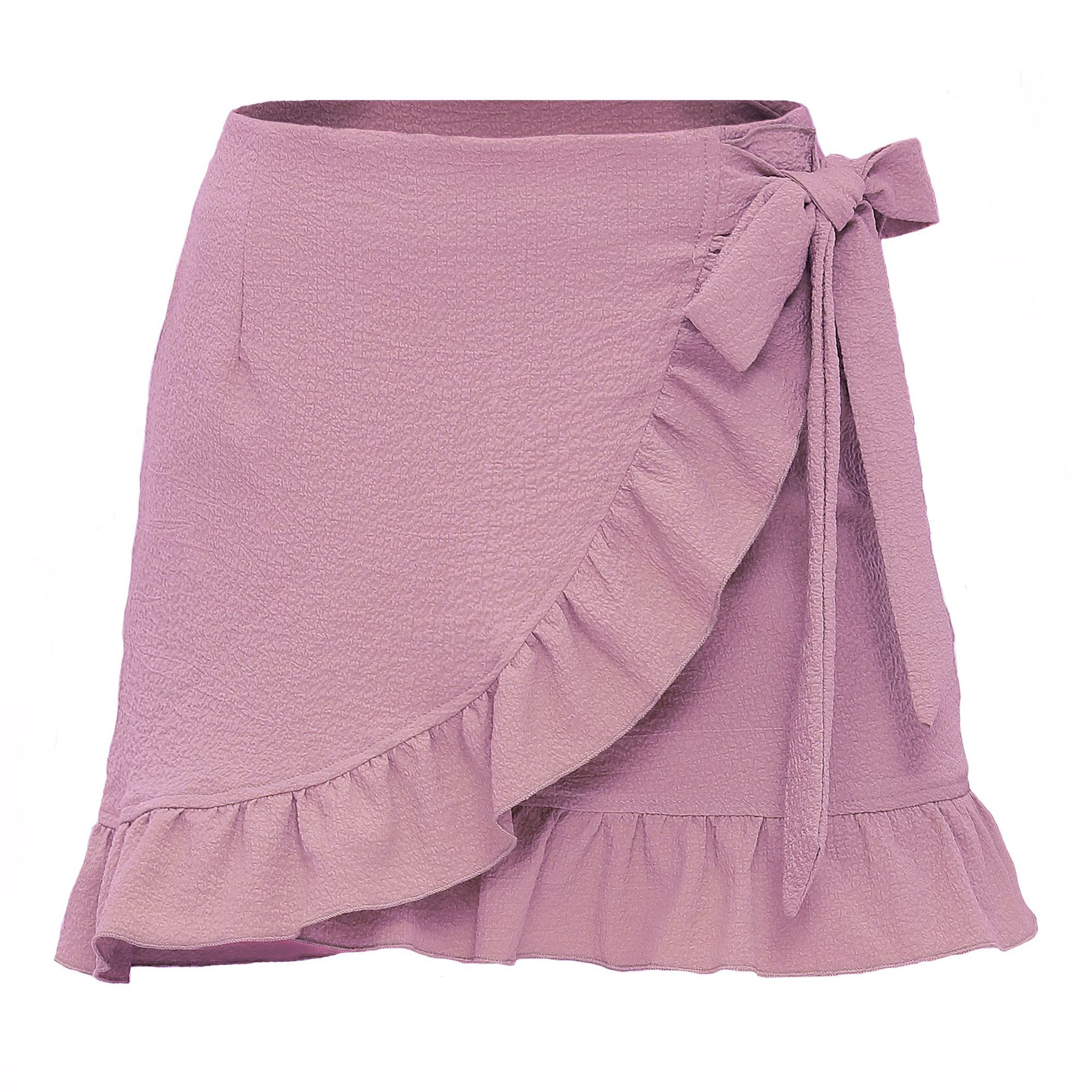 Solid Color Lace-Up Zipper Bubble Cloth Ruffle Skirt NSLDY76312