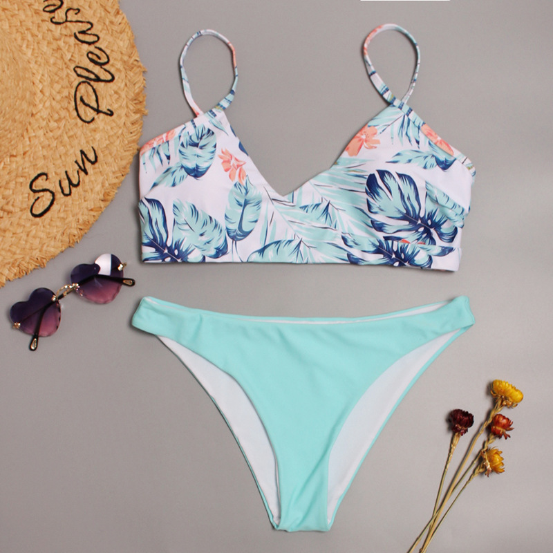 Solid color top printed bottom bikini  NSHL25565