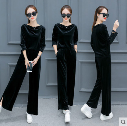 New autumn and winter women's casual sports fashion suit plus size slimming wide-leg pants gold velvet two-piece suit