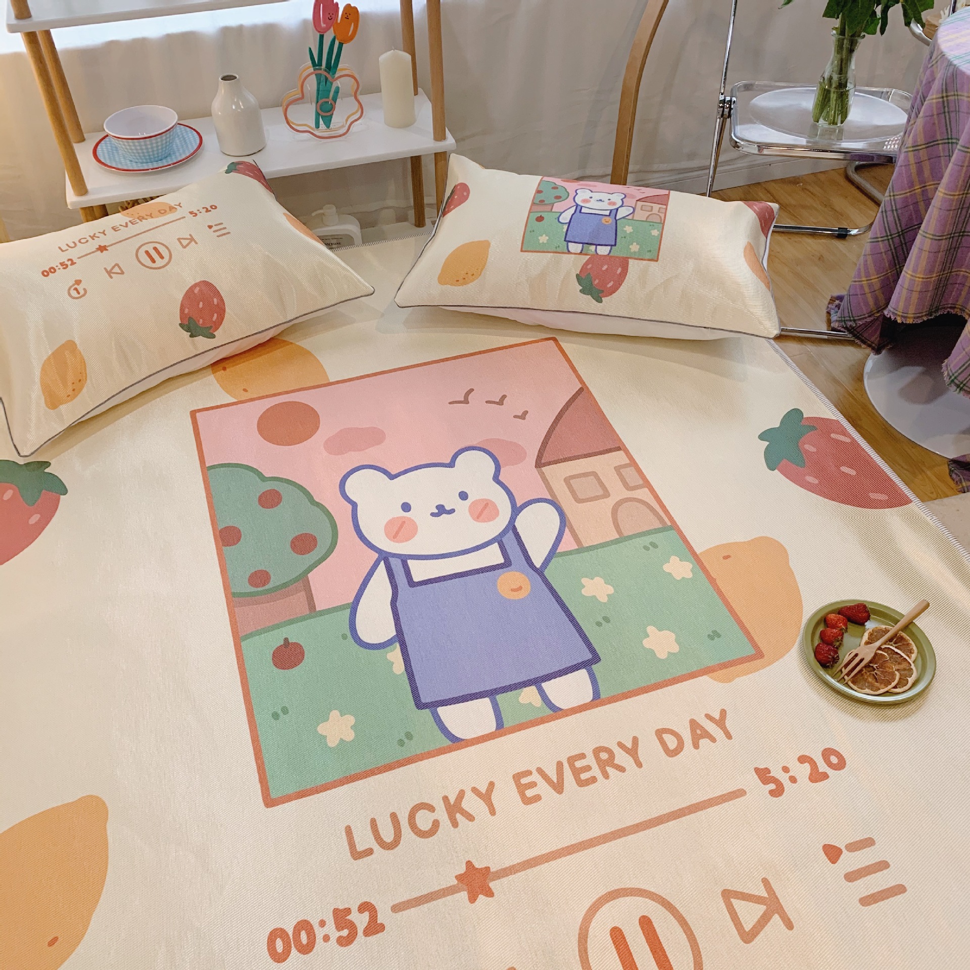 【花臉貓】寵粉系列涼席~夏季透氣冰絲席三件套可機洗空調軟席