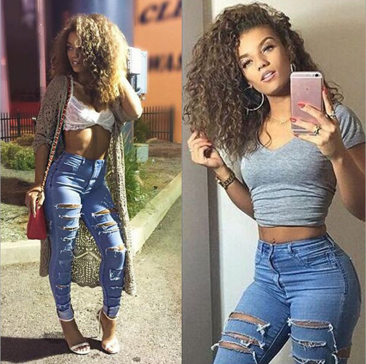 Europa y América Internet celebridad pantalones de algodón elástico AliExpress deseo Amazon Venta caliente rasgado jeans Comercio exterior cintura alta las mujeres