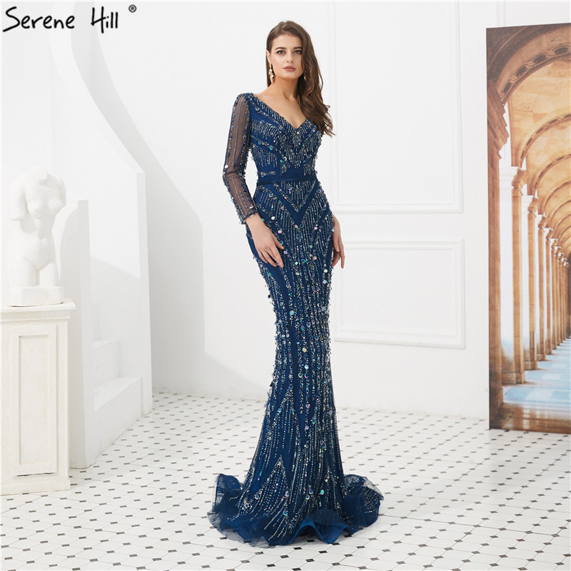 Spring 2021 Sexy Navy Blue V-Neck Long-Sleeved Beaded Goddess Banquet Evening Dress La6010