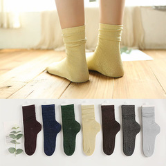 Spring and Autumn New Women's Socks, Japanese and Korean Style, Silver and Gold Thread Women's Pile Socks, Fashionable Breathable Shiny Solid Color Socks