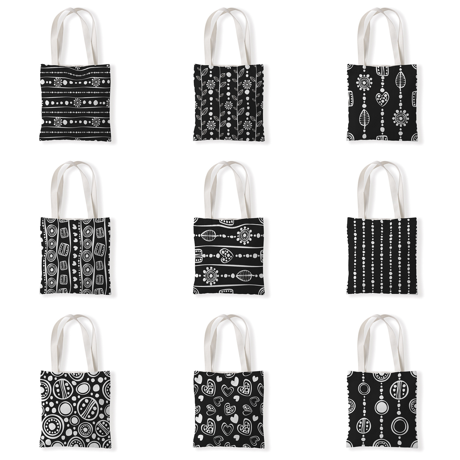 黑色几何条纹印花帆布袋休闲单肩袋百搭包零钱袋环保购物袋手拎包