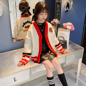 外贸套装秋季新款 女童韩版草莓开衫 中大童卡通字母毛衣外套