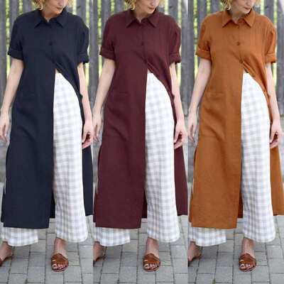 亚马逊新款欧美宽松腰中长款衬衣爆款开衫纯色宽松气质通勤连衣裙