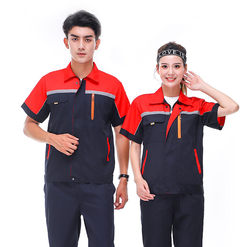 Summer Short-Sleeved Workwear Suit, Durable Reflective Strip Workwear for Factory Workshops, Labor Protection Clothing with Printed Logo, Polyester-Cotton
