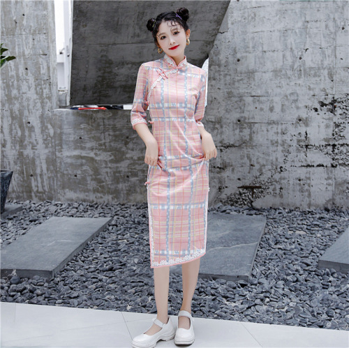 Seasonal cheongsam Plaid sleeve short dress fashion cheongsam skirt