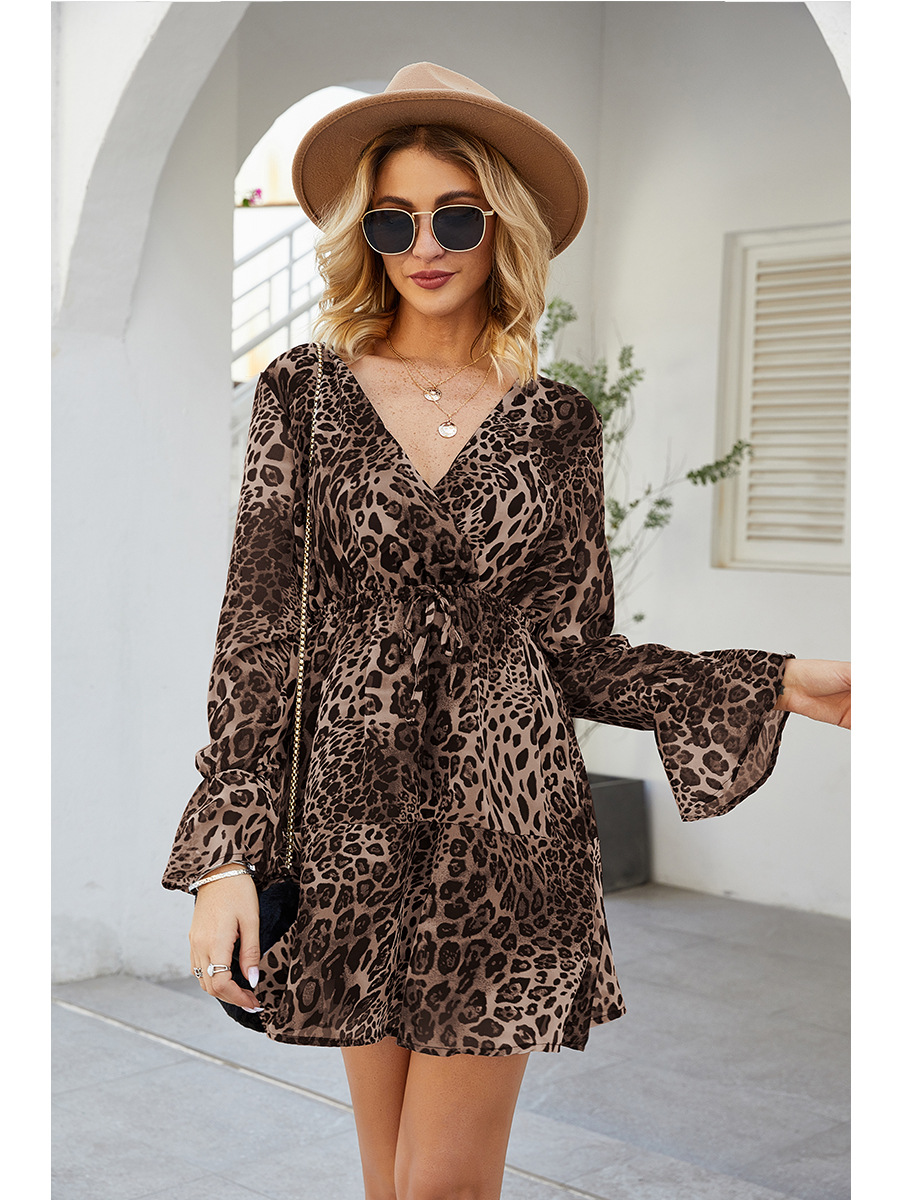 Vestido con estampado de leopardo de manga larga con cintura V Ling de moda NSAL2863