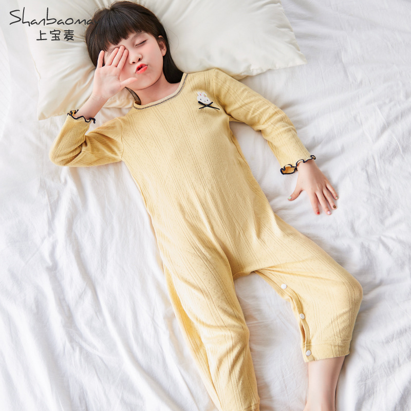SHANGBAOMAI 가을 새로운 어린이 원피스 잠옷 긴팔 발길질 및 감기 방지 소녀 잠옷 가정 의류 귀여운 순수 면화