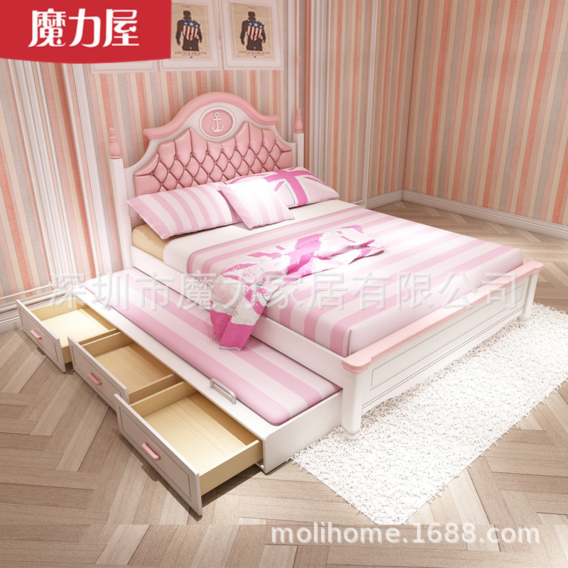 單人床女生帶抽屜兒童床女孩實木床臥室少女心床公主房軟包女童床