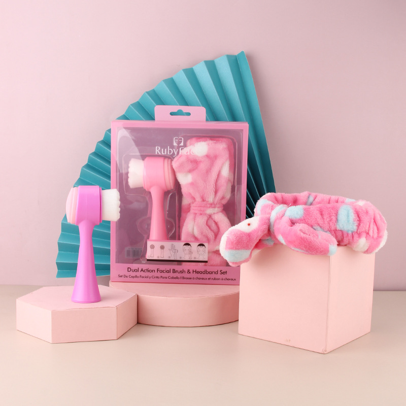 Rubyface, nuevo producto en stock, diadema de baño con lazo de terciopelo coral, diadema para el pelo, cepillo de lavado de cara, juego de cepillos de limpieza