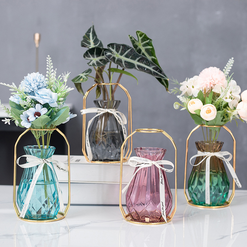 Florero de cristal creativo arreglo de flores de hierro florero escritorio sala de estar TV gabinete mesa de comedor flor seca flor artificial decoración hidropónica