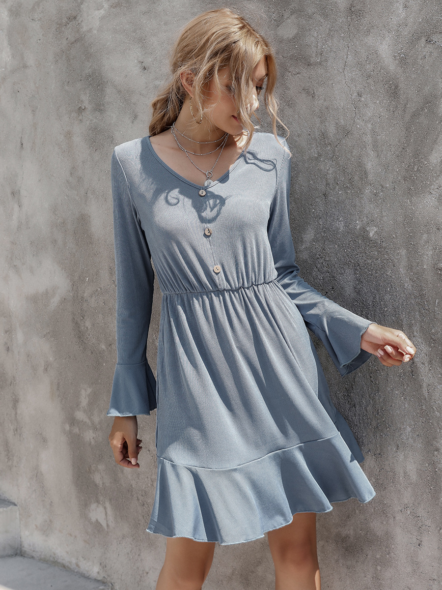  V-neck solid color waist slim long-sleeved dress NSAL2089