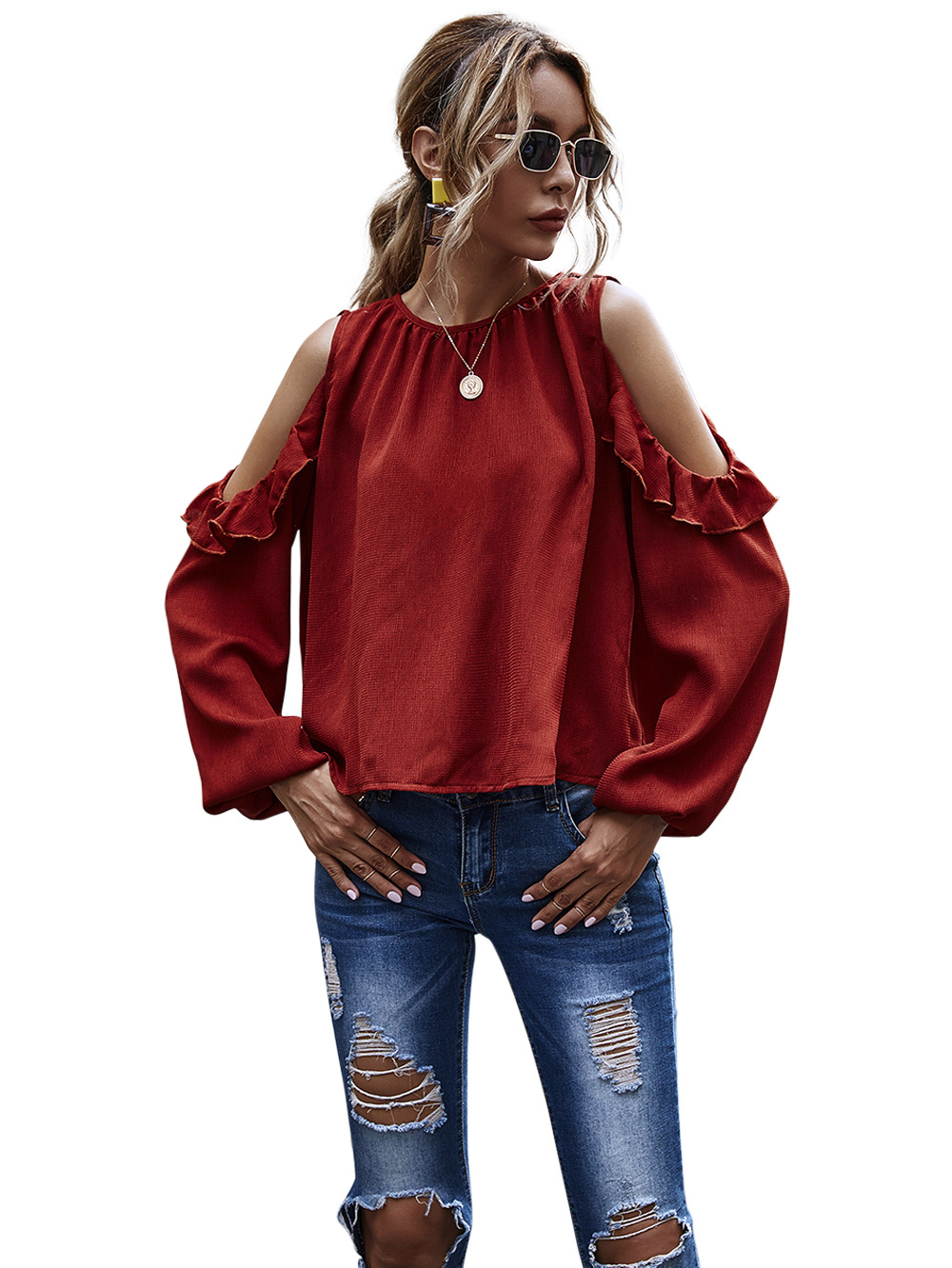 women s solid color long-sleeved women s loose strapless tops with puff sleeves NHDF48