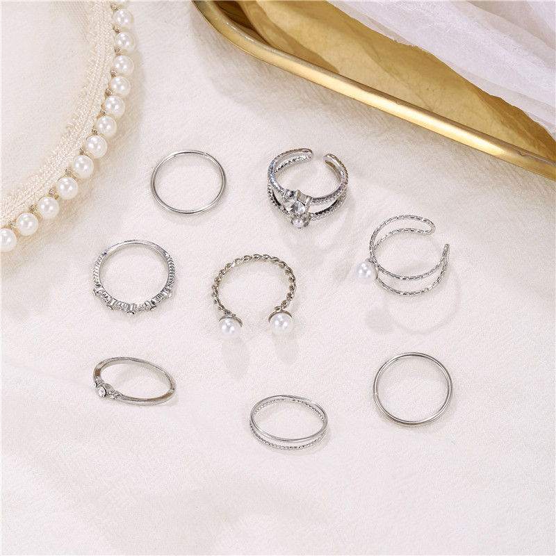 Diamond Pearl Adjustable Opening Rings 8-piece Set display picture 4