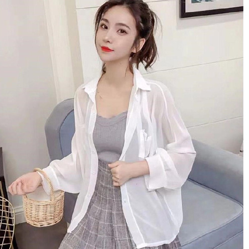 2022 White Sun Protection Clothing Women's Medium Long Student Loose Summer Thin Long Sleeve Chiffon Shirt Jacket Women