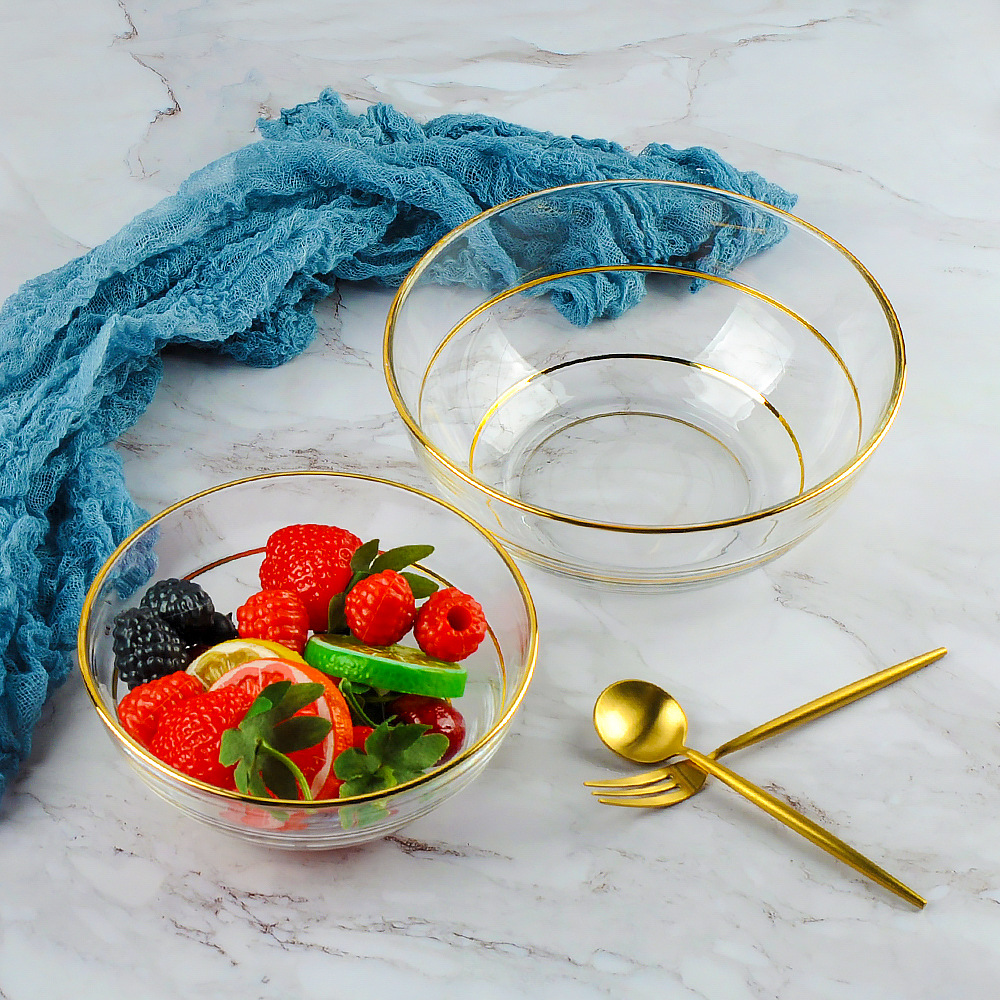 歐式創(chuàng)意簡約家用廚房加厚特大號小號圓形水晶玻璃描金水果沙拉碗