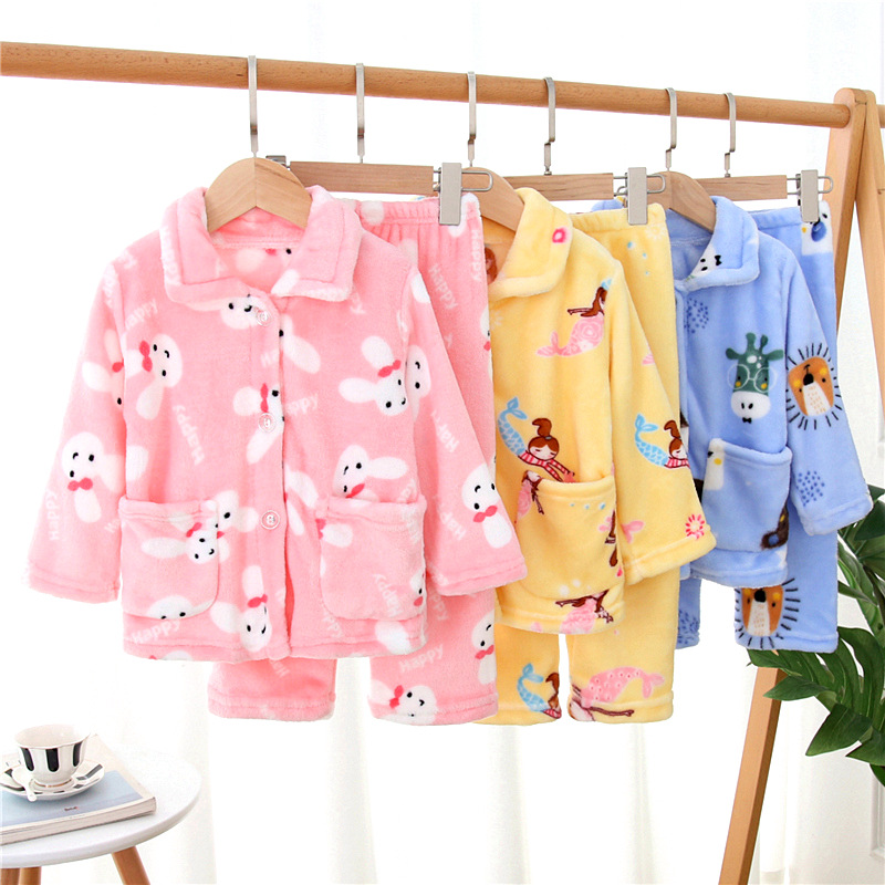 兒童法蘭絨睡衣套裝女童男孩子秋冬珊瑚絨家居法蘭絨壹件代發批發