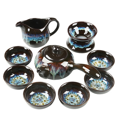 厂家直销窑变沙金十头侧把西施壶功夫茶具套装商务礼品定制logo