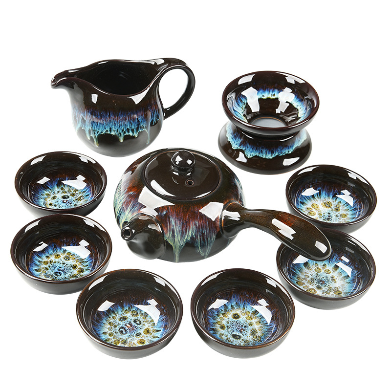 厂家直销窑变沙金十头侧把西施壶功夫茶具套装商务礼品定制logo