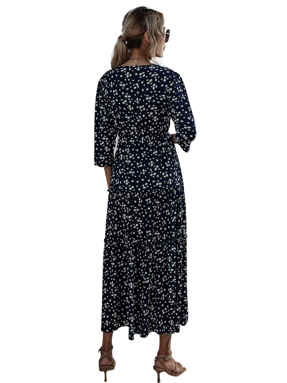 high-waist slim sapphire blue floral dress NSDF10209