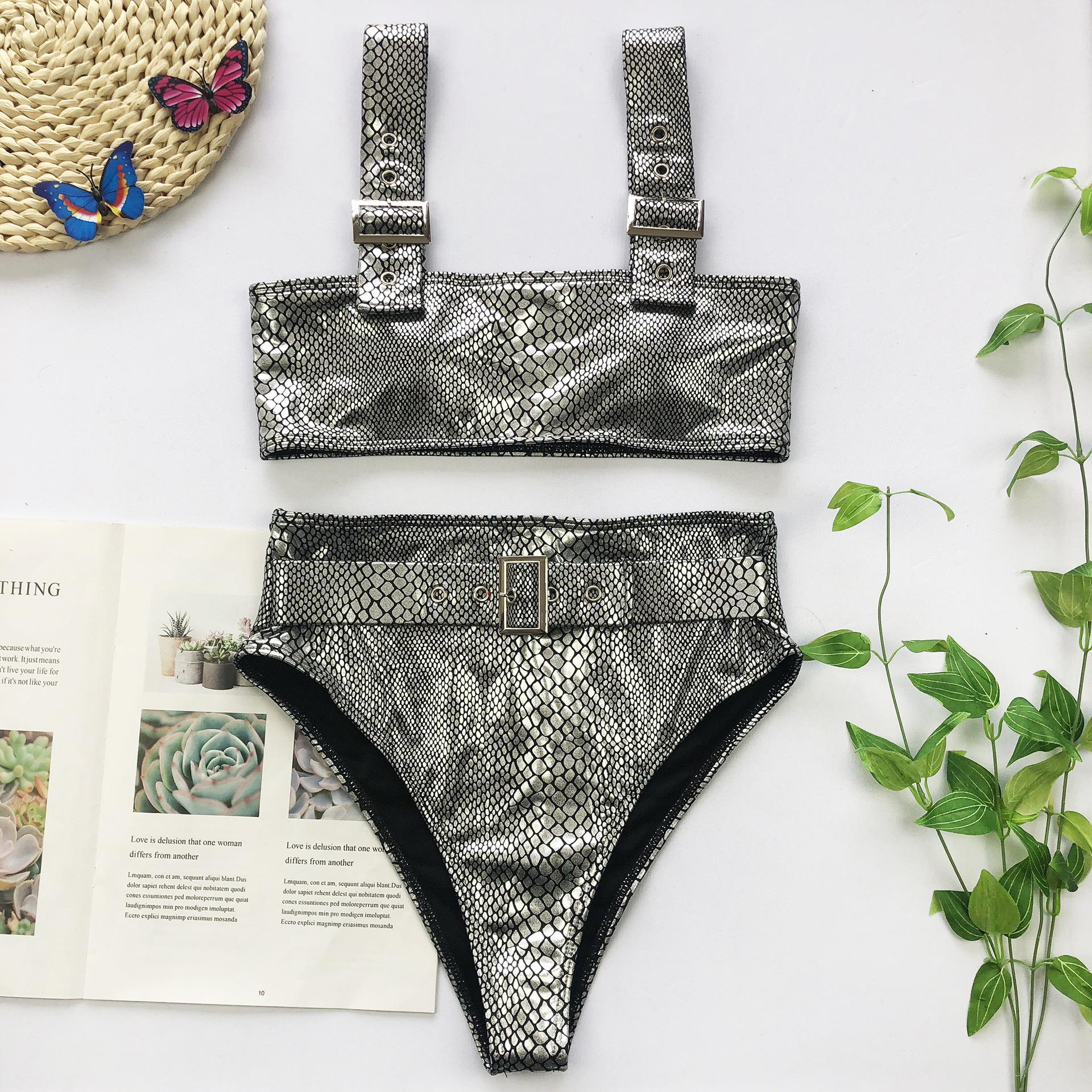 Crocodile Skin Fabric Split Bikini 2 Piece Swimsuit NSCMB96554