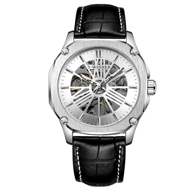 Ganador reloj mecánico automático para hombres moda hueco transparente volante correa de cuero reloj mecánico 8182