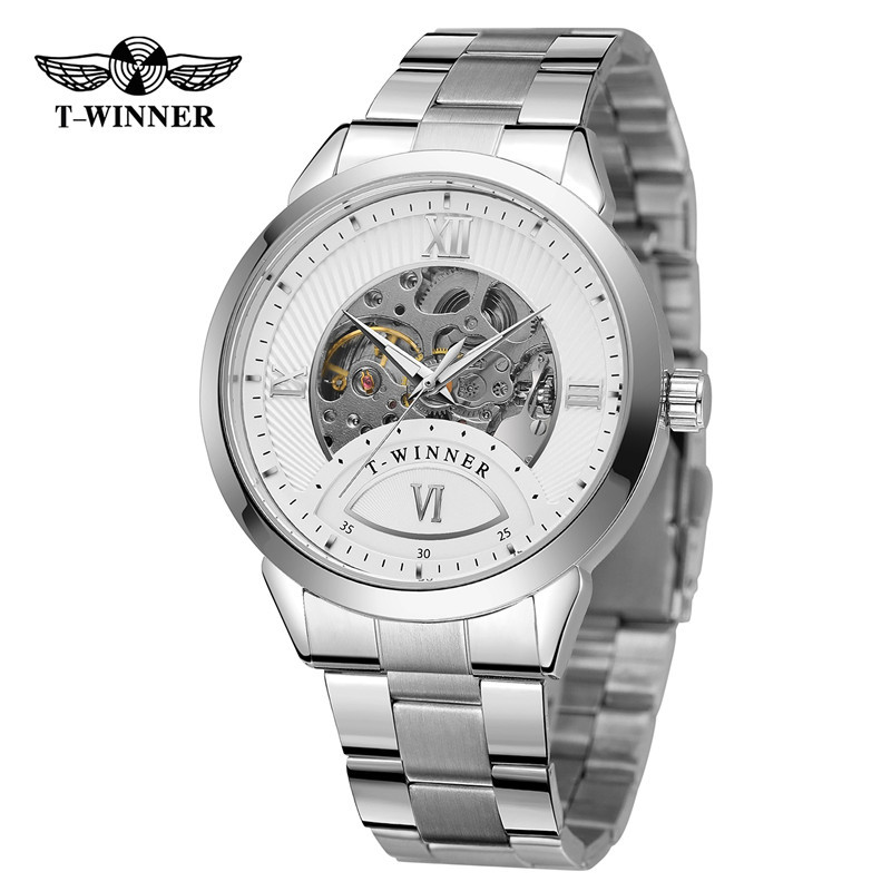 Winner8183 reloj mecánico automático para hombres reloj mecánico de negocios correa de acero reloj mecánico de fondo transparente hueco