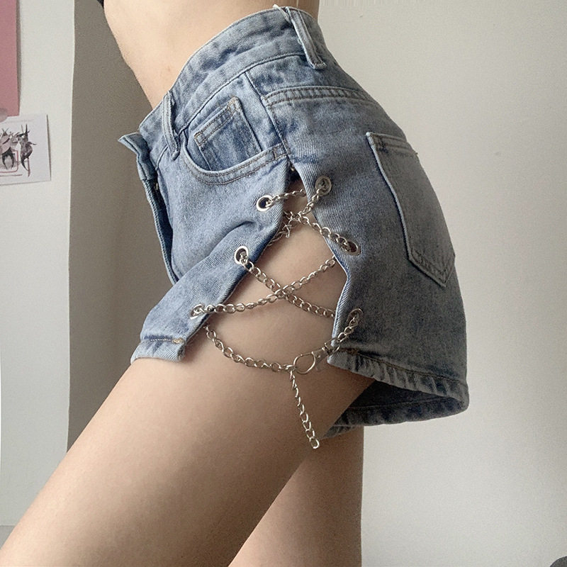 2020 Summer new arrival sexy Casual jeans for women fashion Hollow Out chain design high waist leg length wild Solid color pants