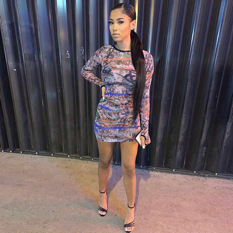 欧美2020秋冬爆品新款圆领插指长袖迷彩网纱连衣裙亚马逊外贸批发