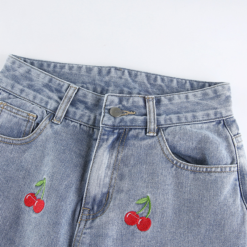 High Waist Slimming Cherry Embroidered Denim Pants NSSSN75234