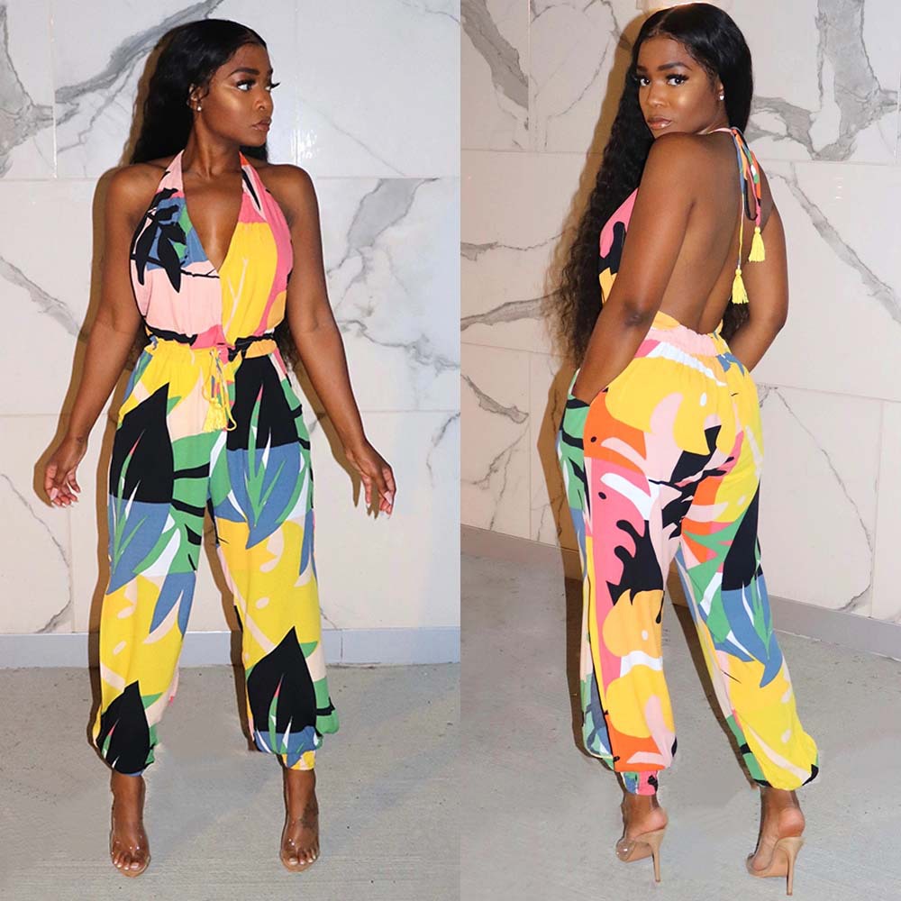 deep V bandage halter printed jumpsuit Nihaostyles wholesale clothing vendor NSTYF72924