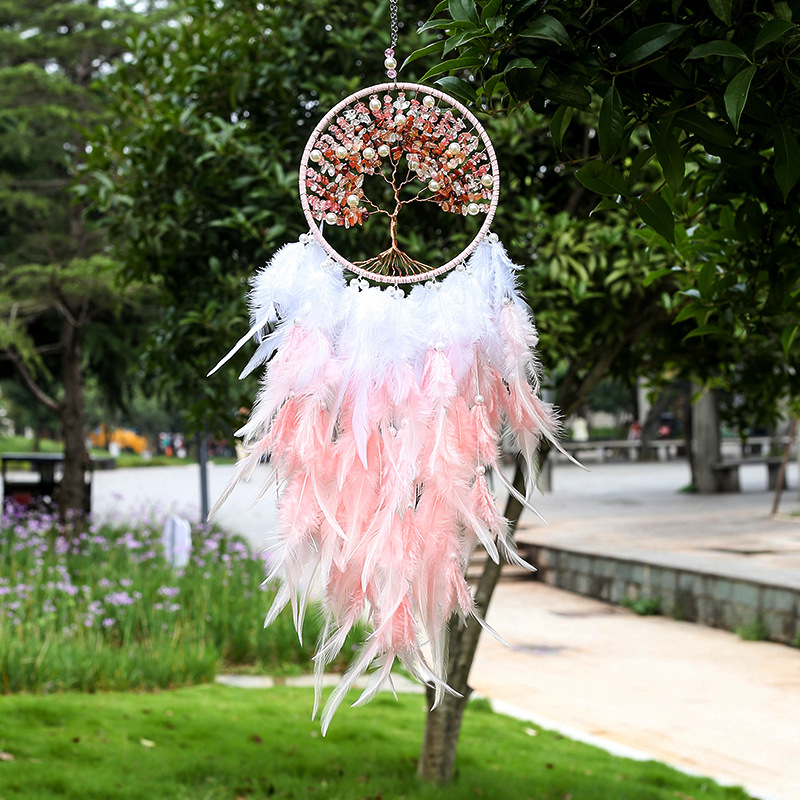 Cross-border pink gravel life tree dreamcatcher feather handicraft gift decoration manufacturer sales
