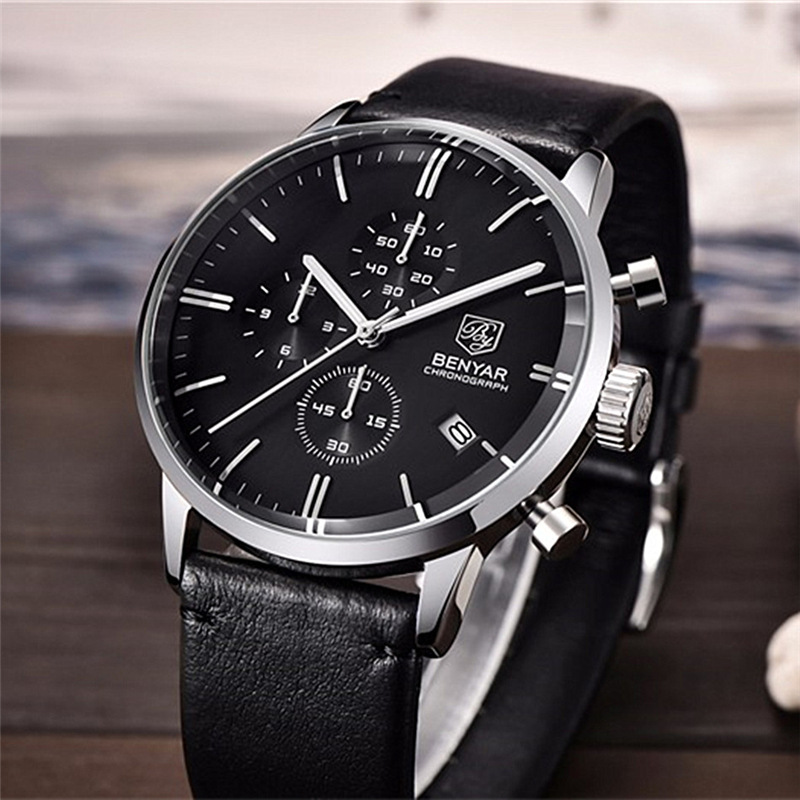 Nuevo reloj BENYAR hombres de moda multi-funcional impermeable calendario cuero acero Shell reloj 2720K