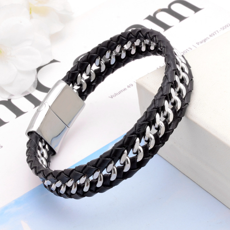 Titanium Steel Chain Leather Retro Punk Men's Bracelet Cowhide Bracelet display picture 1