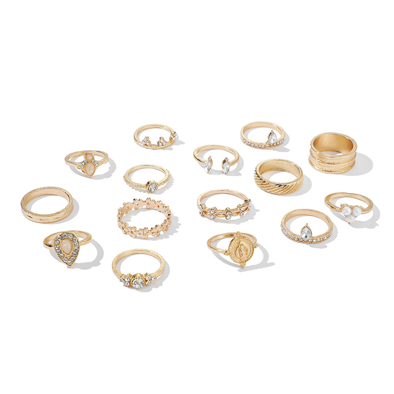 New Jewelry Diamond Flower Ring Set Of 15 Carved Open Joint Ring Set display picture 2