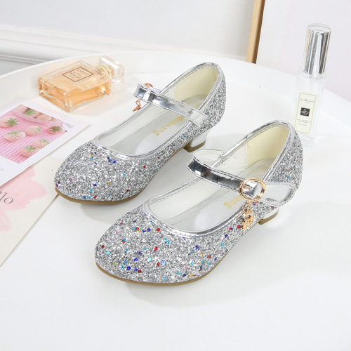 Cross-border Amazon girls' high heels children's leather shoes Korean style princess single shoes sequined student dance shoes spring and autumn shoes
