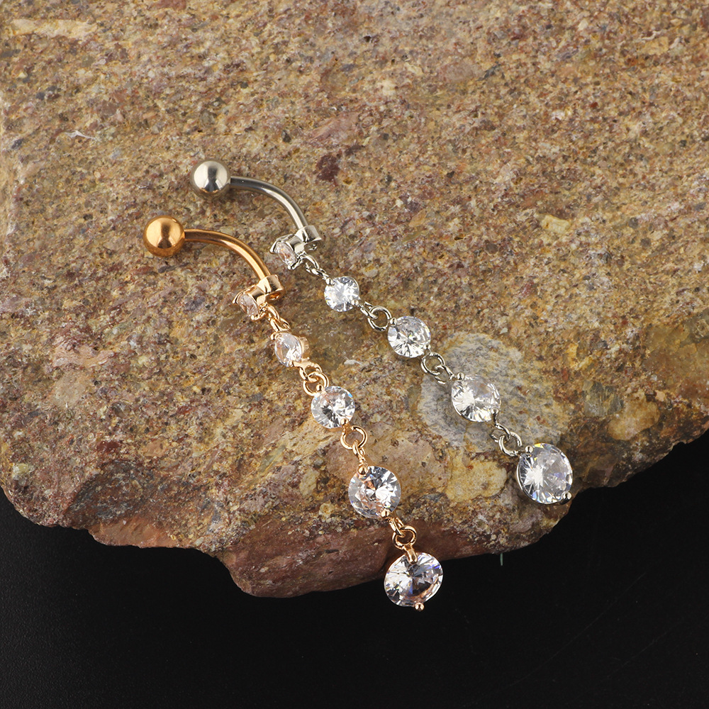 Luxury Zircon String Gold Pendant Belly Button Ring - Rose Gold 316L Surgical Steel Dangle Belly Ring detail image 7