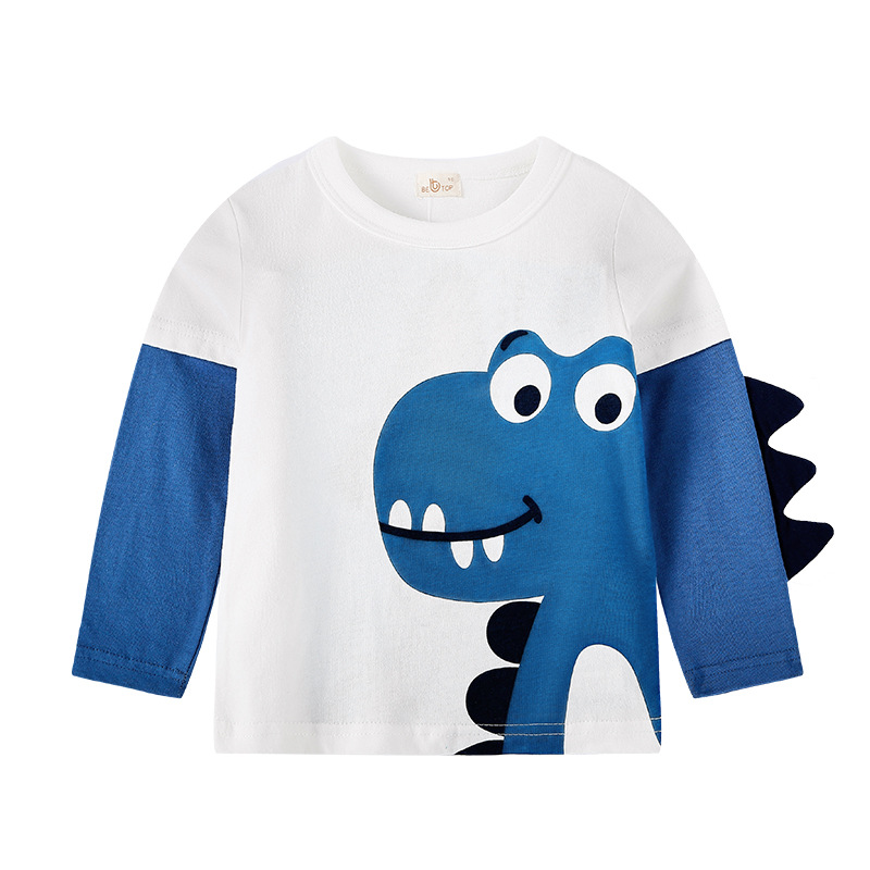 Serás las mejores ventas directas de fábrica de ropa para niños Nueva camisa de fondo para niños dinosaurio tridimensional de manga larga Camiseta entrega de una sola pieza