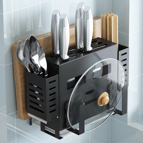 Integrated knife, chopsticks, pot lid, multifunctional storage rack, black stainless steel kitchen storage rack with water tray