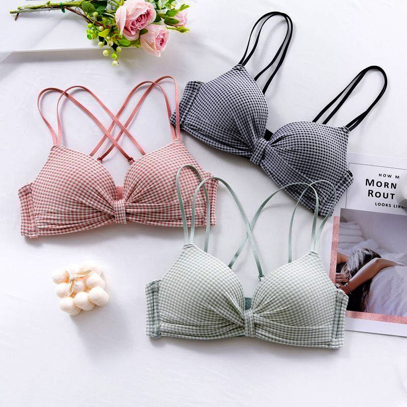 Real shot lattice Wireless Bra Small chest girl Gather Beautiful back overlapping Underwear 2020 new pattern Of large number goods in stock