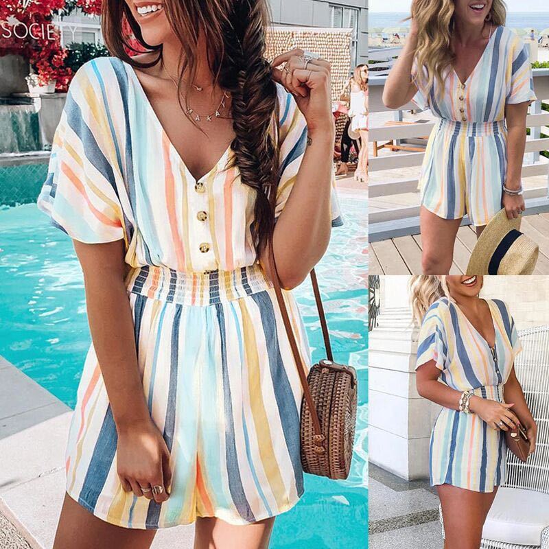 Cross-border sourcing Best Sellers 2020 summer fashion printing colour stripe V-neck Button Jumpsuits