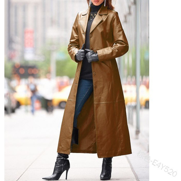 European and American women's clothing button leather coat long coat slim big size leather windbreaker