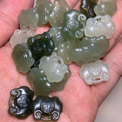 绿翠鱼天然和田玉青海青雕刻吉祥如意锁DIY手链配件配饰厂家直销